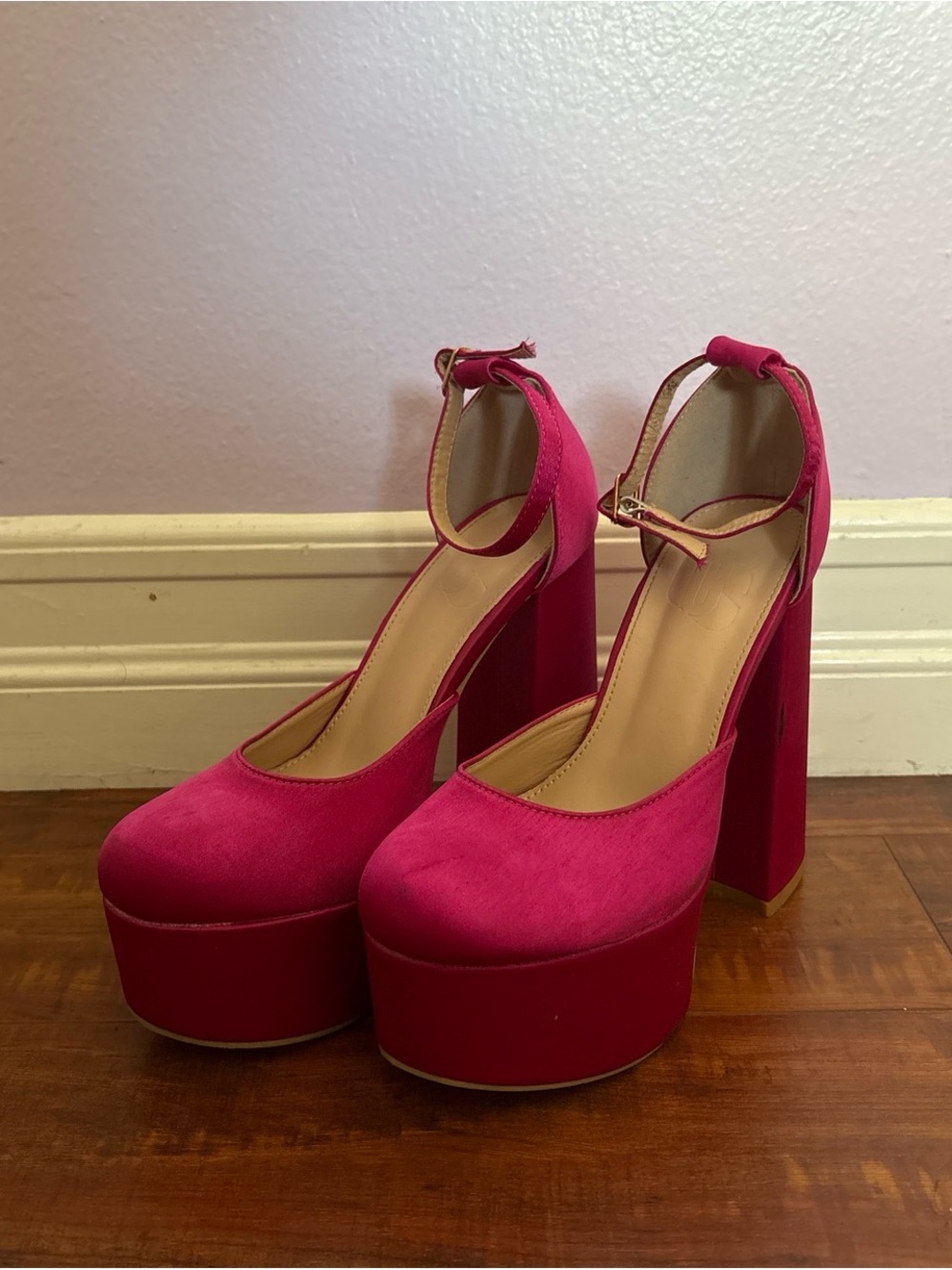 Fuchsia Platform Ankle-Strap Block Heel Pumps - Picture 3 of 4